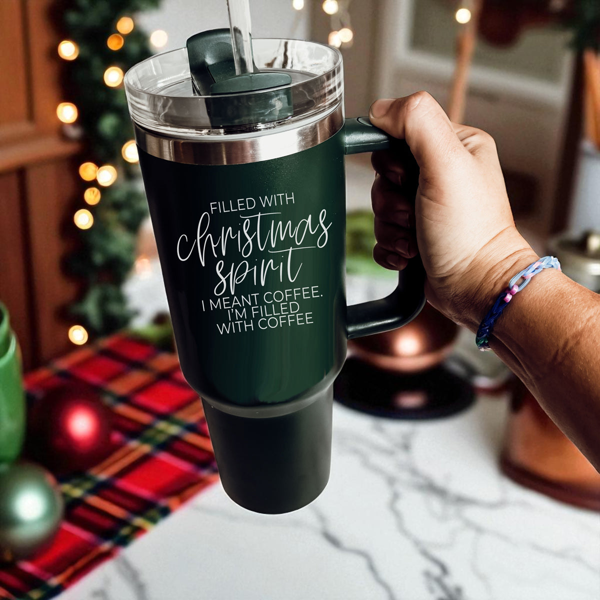 40oz Christmas tumbler with handle lid straw - filled with Christmas spirit I meant coffee Im filled with coffee
Double wall Christmas coffee tumbler  40oz
Insulated Christmas tumbler red green 
Stainless steel Christmas tumbler with handle
Christmas tumbler with lid and straw